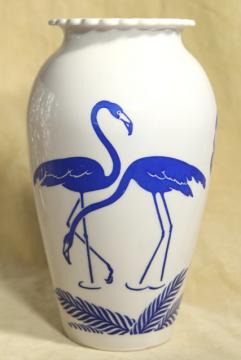 deco mid-century vintage flamingo birds vase, Anchor Hocking milk glass blue & white