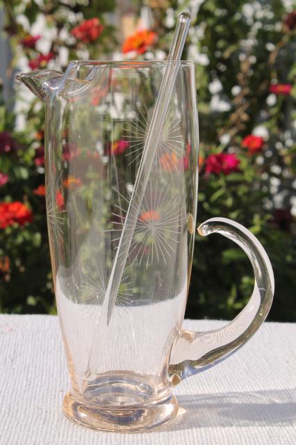 photo of deco mod vintage glass cocktail pitcher w/ atomic starburst etched design #2