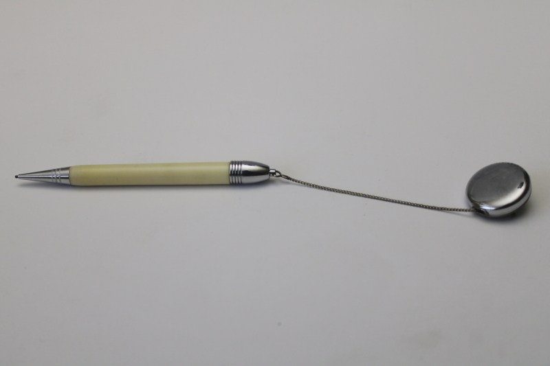 photo of deco moderne ladies pin w/ retractable cord mechanical pencil, ivory celluloid w/ chrome  #1