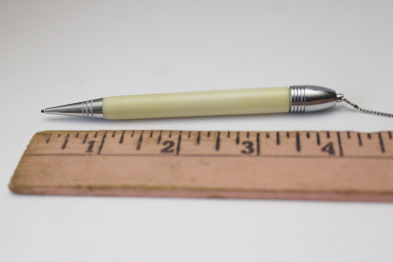 photo of deco moderne ladies pin w/ retractable cord mechanical pencil, ivory celluloid w/ chrome #3