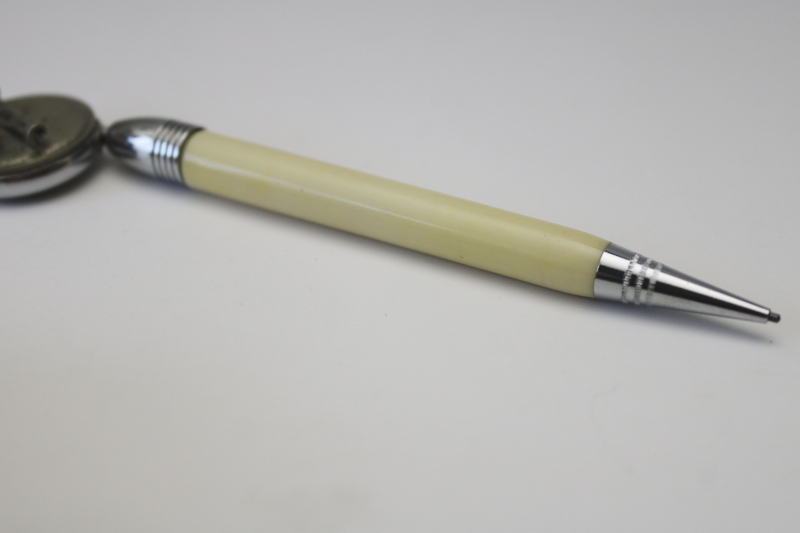 photo of deco moderne ladies pin w/ retractable cord mechanical pencil, ivory celluloid w/ chrome #4