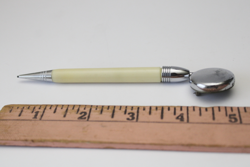 photo of deco moderne ladies pin w/ retractable cord mechanical pencil, ivory celluloid w/ chrome #6