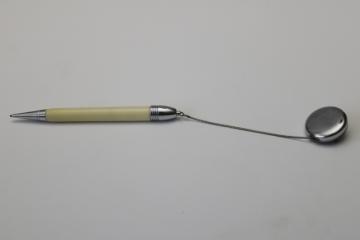 catalog photo of deco moderne ladies pin w/ retractable cord mechanical pencil, ivory celluloid w/ chrome 