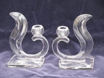 catalog photo of deco moderne, pair of vintage art glass candlesticks, curvy shape