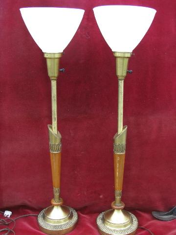 photo of deco moderne solid brass & wood lamps w/ glass shades, 40s - 50s vintage Stiffel #1