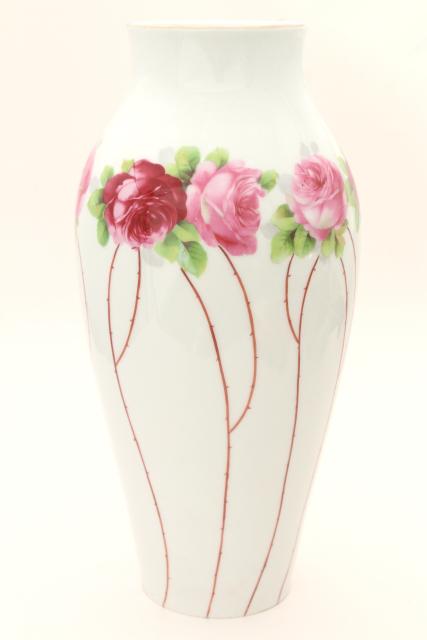 photo of deco moderne vintage table lamp base, tall china vase w/ rose canes & roses #1