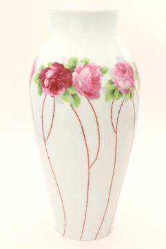 catalog photo of deco moderne vintage table lamp base, tall china vase w/ rose canes & roses