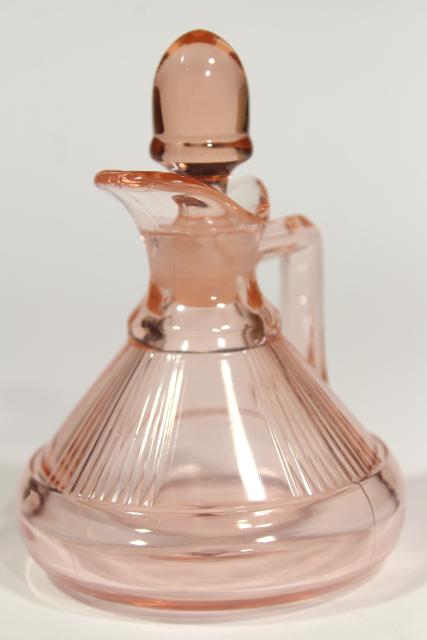 photo of deco vintage Heisey pleat and panel flamingo pink depression glass cruet w/ stopper #1