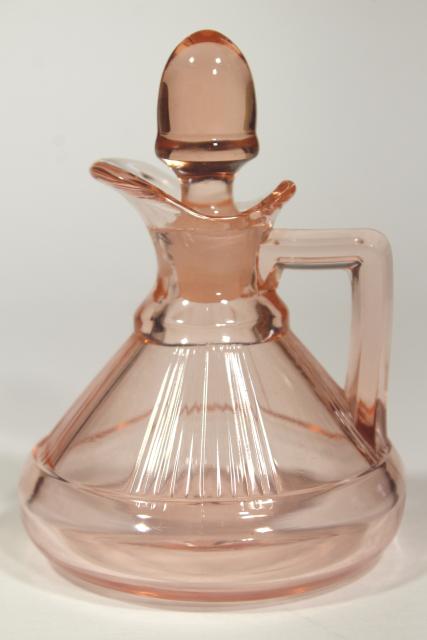 photo of deco vintage Heisey pleat and panel flamingo pink depression glass cruet w/ stopper #2