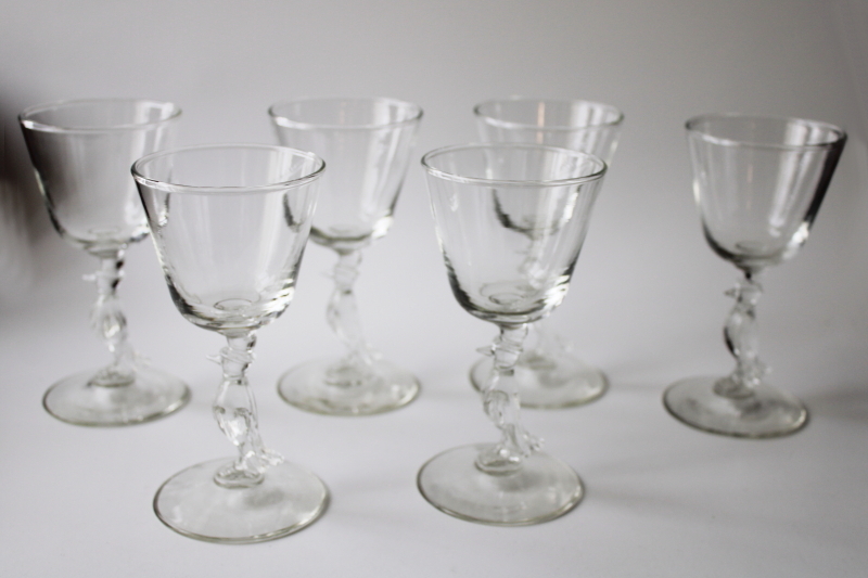 photo of deco vintage Old Crow whiskey figural stem glasses, Libbey glass barware cocktail glasses #1