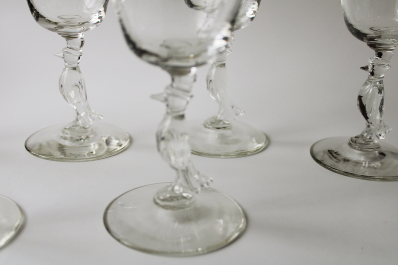 photo of deco vintage Old Crow whiskey figural stem glasses, Libbey glass barware cocktail glasses #2