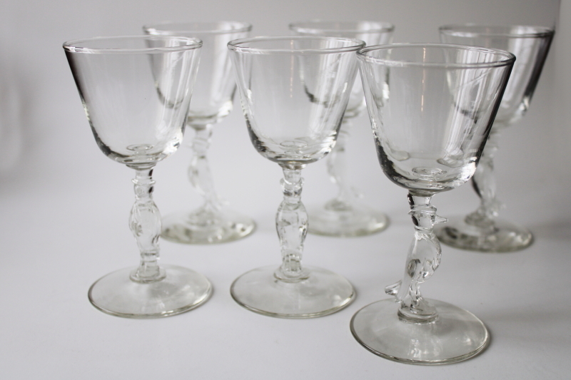 photo of deco vintage Old Crow whiskey figural stem glasses, Libbey glass barware cocktail glasses #3