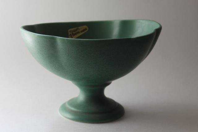 photo of deco vintage Royal Haeger matte green glaze pottery, Flower Ware bowl w/ label #1