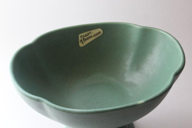 photo of deco vintage Royal Haeger matte green glaze pottery, Flower Ware bowl w/ label #2