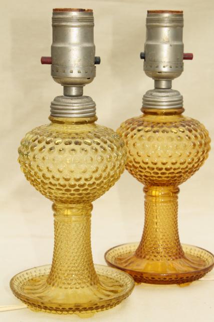 photo of deco vintage amber yellow depression glass lamps, hobnail glass boudoir lamp set #1