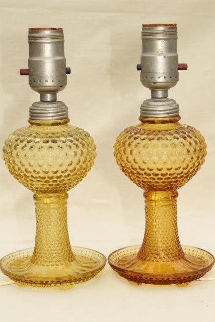 photo of deco vintage amber yellow depression glass lamps, hobnail glass boudoir lamp set #2