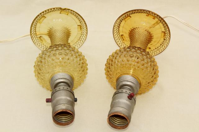 photo of deco vintage amber yellow depression glass lamps, hobnail glass boudoir lamp set #5