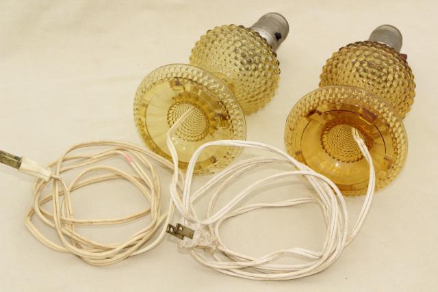 photo of deco vintage amber yellow depression glass lamps, hobnail glass boudoir lamp set #7