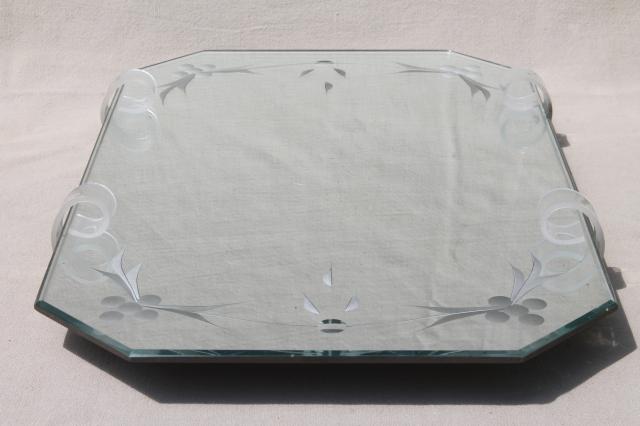 photo of deco vintage beveled glass mirror tray plateau w/ curlicue lucite stand feet #3