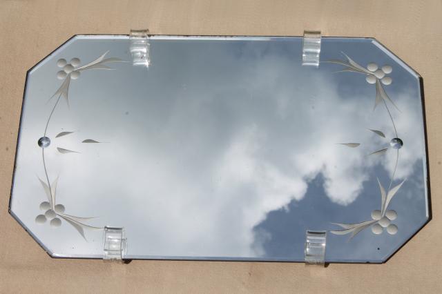 photo of deco vintage beveled glass mirror tray plateau w/ curlicue lucite stand feet #9