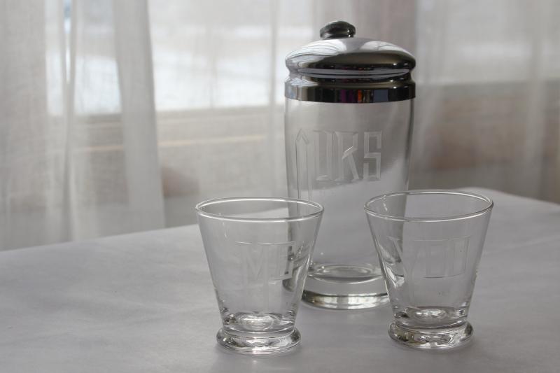 photo of deco vintage cocktail set, You - Me - Ours glasses & chrome / etched glass mixer shaker #1