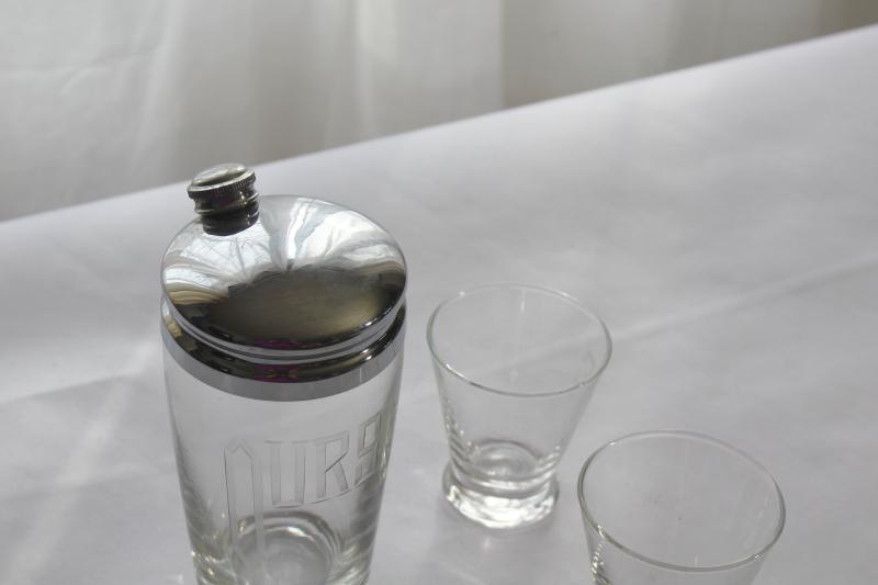 photo of deco vintage cocktail set, You - Me - Ours glasses & chrome / etched glass mixer shaker #5