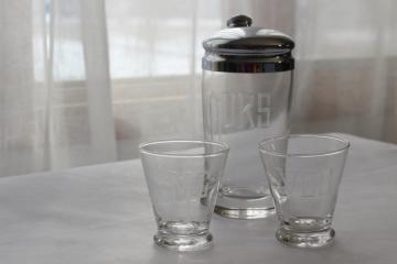 catalog photo of deco vintage cocktail set, You - Me - Ours glasses & chrome / etched glass mixer shaker