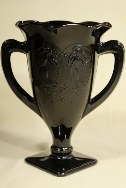 photo of deco vintage ebony black glass, trophy shape vase loving cup w/ heart & dancing nymphs #1