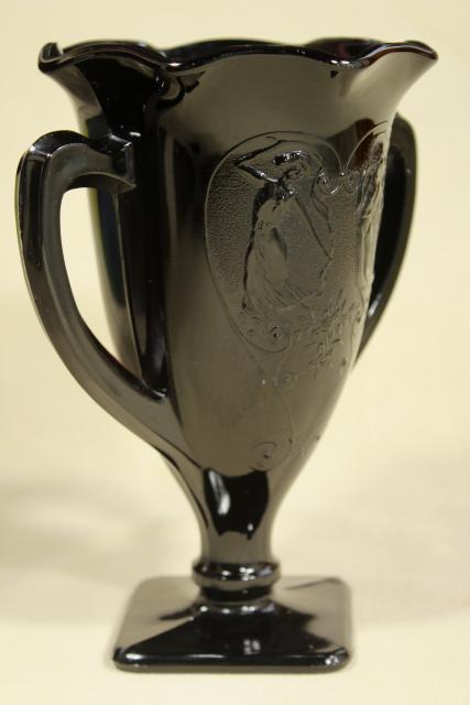 photo of deco vintage ebony black glass, trophy shape vase loving cup w/ heart & dancing nymphs #6