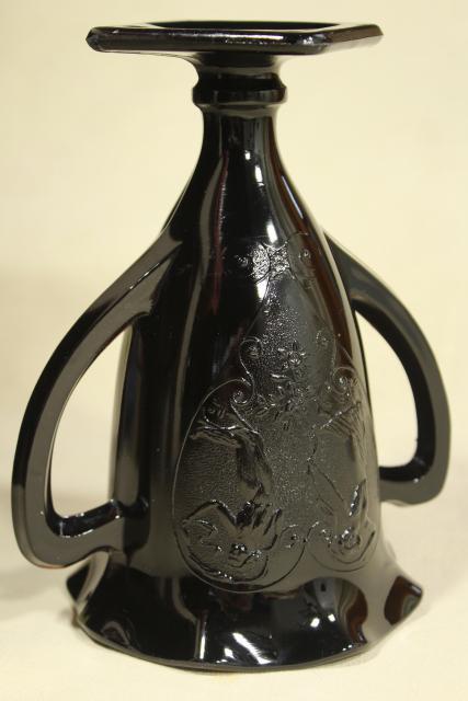 photo of deco vintage ebony black glass, trophy shape vase loving cup w/ heart & dancing nymphs #7