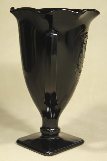 photo of deco vintage ebony black glass, trophy shape vase loving cup w/ heart & dancing nymphs #8