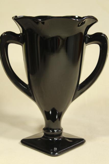 photo of deco vintage ebony black glass, trophy shape vase loving cup w/ heart & dancing nymphs #9