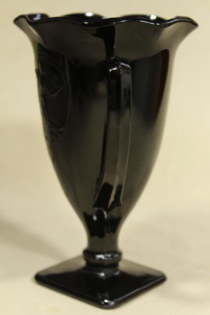 photo of deco vintage ebony black glass, trophy shape vase loving cup w/ heart & dancing nymphs #10