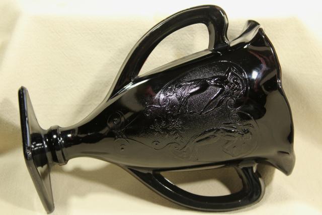 photo of deco vintage ebony black glass, trophy shape vase loving cup w/ heart & dancing nymphs #11