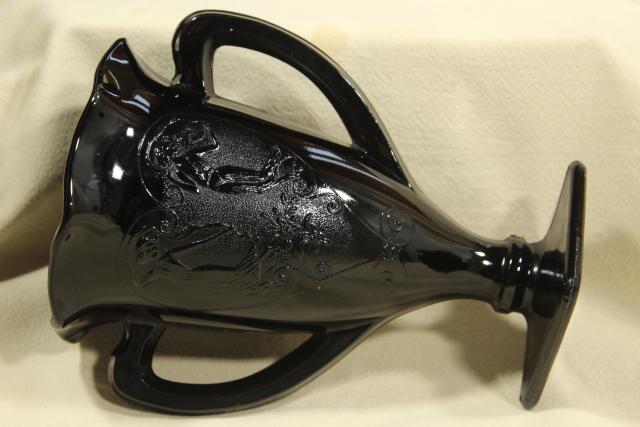 photo of deco vintage ebony black glass, trophy shape vase loving cup w/ heart & dancing nymphs #12