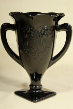 catalog photo of deco vintage ebony black glass, trophy shape vase loving cup w/ heart & dancing nymphs