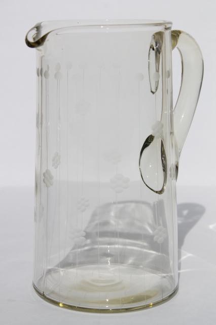 photo of deco vintage etched glass cocktail pitcher or lemonade pitcher, lines & flowers etch #1