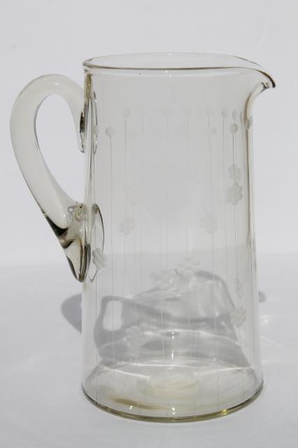 photo of deco vintage etched glass cocktail pitcher or lemonade pitcher, lines & flowers etch #4