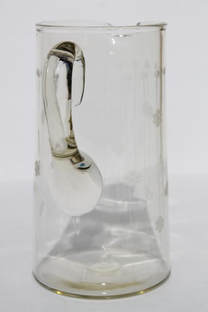 photo of deco vintage etched glass cocktail pitcher or lemonade pitcher, lines & flowers etch #5