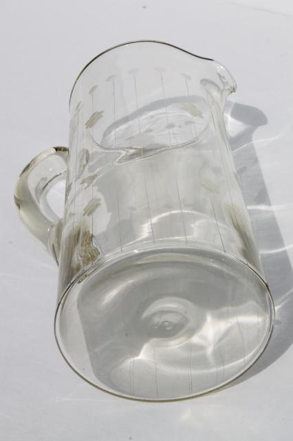 photo of deco vintage etched glass cocktail pitcher or lemonade pitcher, lines & flowers etch #7