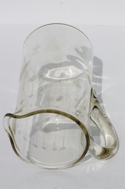 photo of deco vintage etched glass cocktail pitcher or lemonade pitcher, lines & flowers etch #9