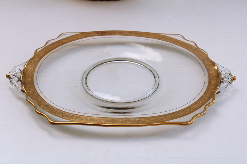 photo of deco vintage glass tray handled plate w/ encrusted gold border, Minuet Glastonbury Lotus or Tiffin glass #1