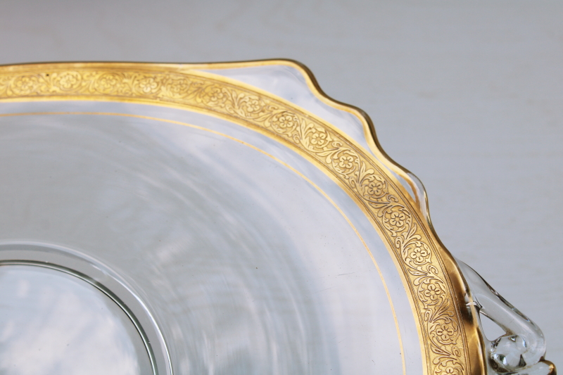 photo of deco vintage glass tray handled plate w/ encrusted gold border, Minuet Glastonbury Lotus or Tiffin glass #4