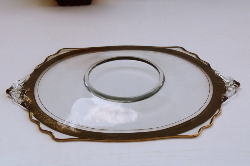 photo of deco vintage glass tray handled plate w/ encrusted gold border, Minuet Glastonbury Lotus or Tiffin glass #5