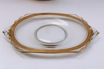 photo of deco vintage glass tray handled plate w/ encrusted gold border, Minuet Glastonbury Lotus or Tiffin glass