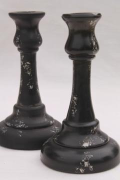 catalog photo of deco vintage matte black satin frosted glass candlesticks w/ distressed antiqued silver