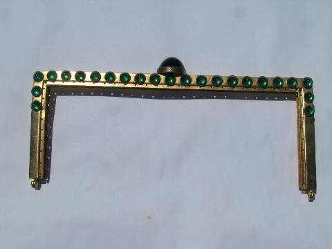 photo of deco vintage purse clasp hardware, metal jaws w/ emerald green glass cabochons #1