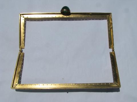 photo of deco vintage purse clasp hardware, metal jaws w/ emerald green glass cabochons #2