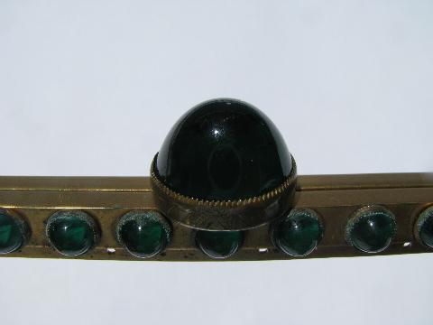 photo of deco vintage purse clasp hardware, metal jaws w/ emerald green glass cabochons #3