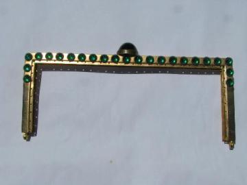 catalog photo of deco vintage purse clasp hardware, metal jaws w/ emerald green glass cabochons